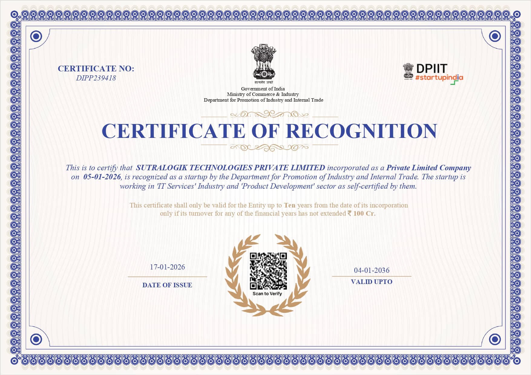 DPIIT Certificate of Recognition – SutraLogik Technologies Private Limited